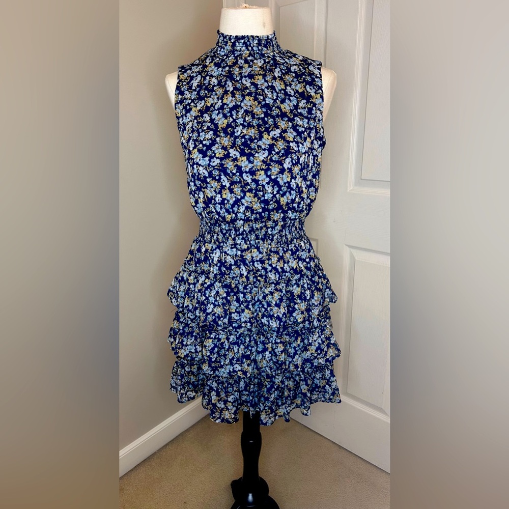 1. STATE Blue Floral Smocked Mock Neck Sleeveless Ruffle Tiered Mini Dress